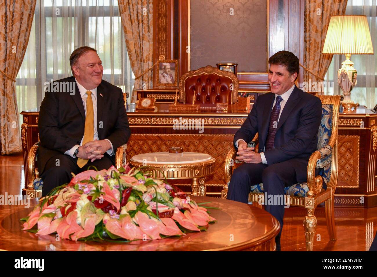 Am 9. Januar 2019 traf sich der US-Außenminister Michael Pompeo mit dem Premierminister der kurdischen Regionalregierung Nechirvan Barzani in Erbil, Irak, um die bilaterale Zusammenarbeit zu erörtern. Stockfoto