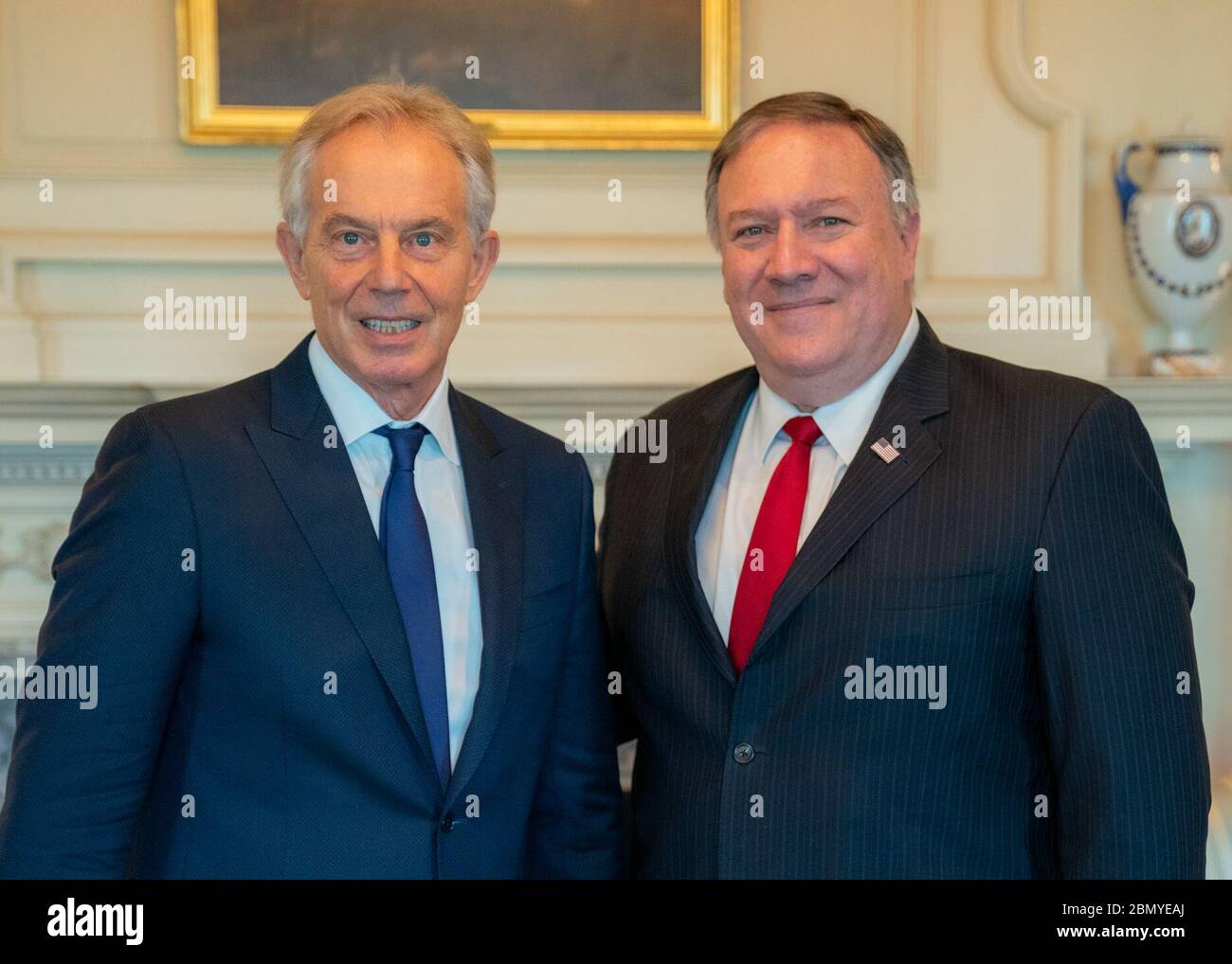 Am 17. Juli 2019 traf sich der US-Außenminister Michael Pompeo mit dem ehemaligen britischen Premierminister Tony Blair im US-Außenministerium in Washington, D.C., um internationale Fragen und globale Zusammenarbeit zu diskutieren. Stockfoto
