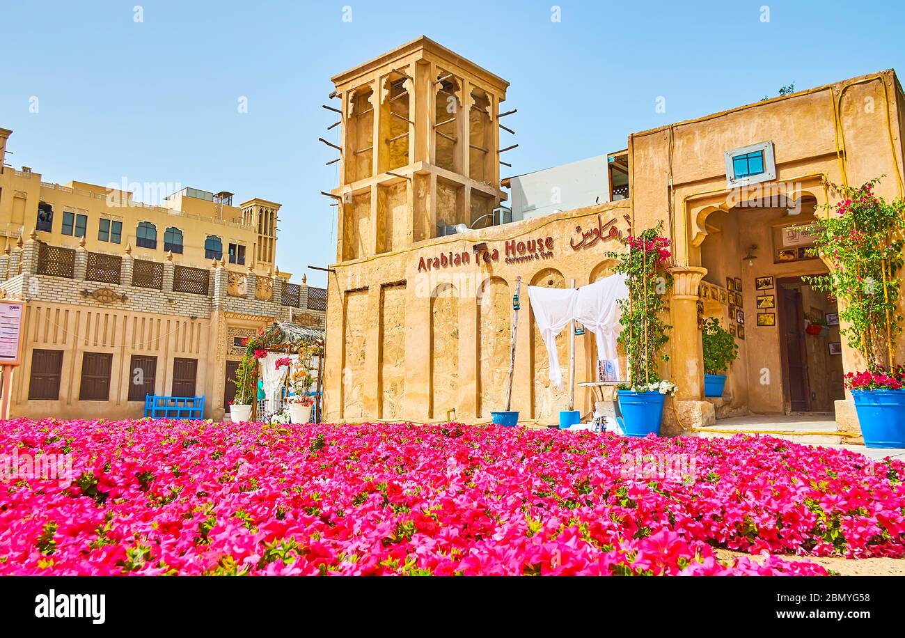 DUBAI, VAE - 2. MÄRZ 2020: Das teppichartige Petunia-Blumenbeet vor dem arabischen Teehaus, das in einem alten Lehmbau mit barjeel-Windkatche liegt Stockfoto