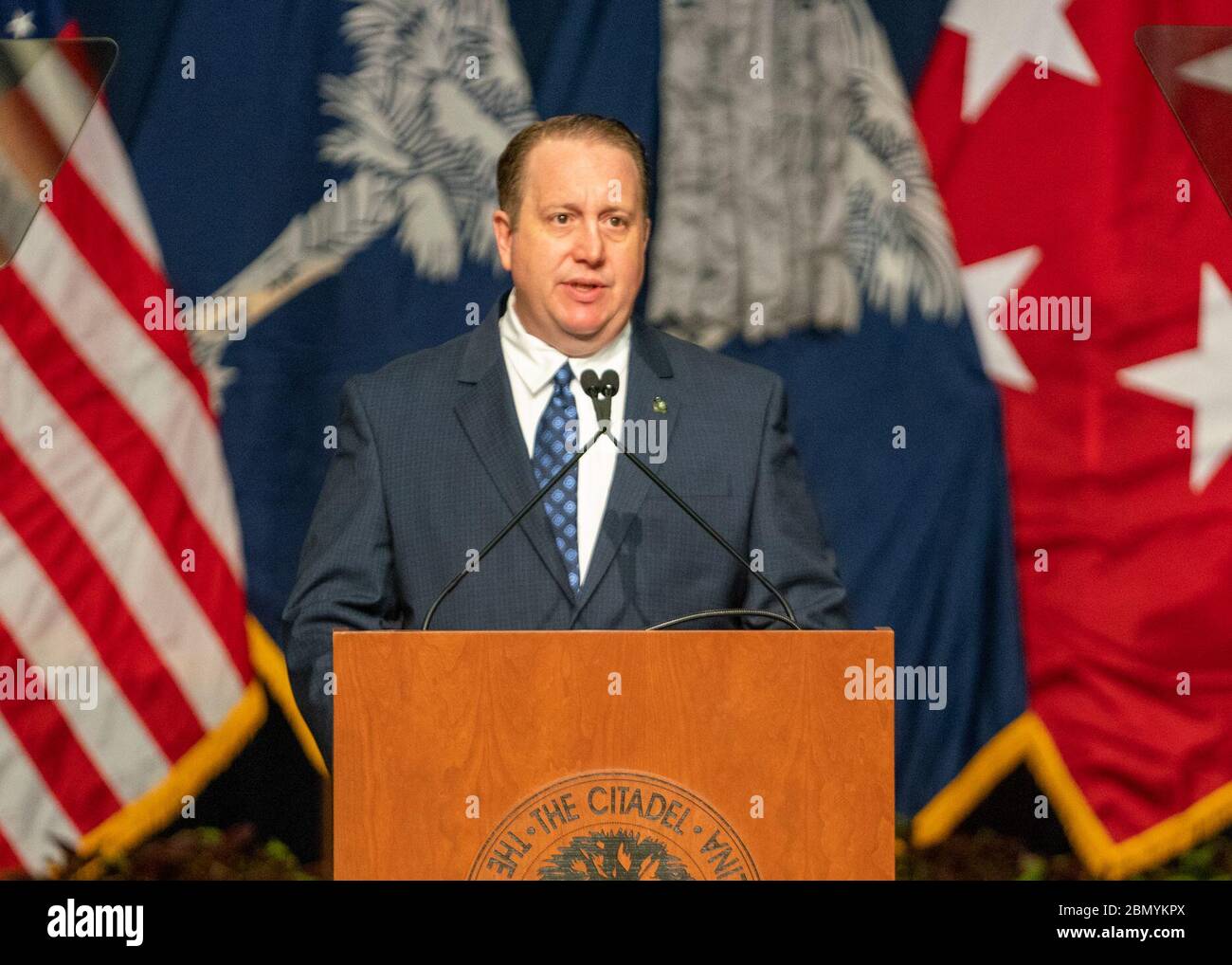 Einführung in den Sekretär Pompeo Rede in der Zitadelle Einführung in die Rede von US-Außenminister Michael R. Pompeo in der Zitadelle in Charleston, S.C. am 11. November 2019. Stockfoto