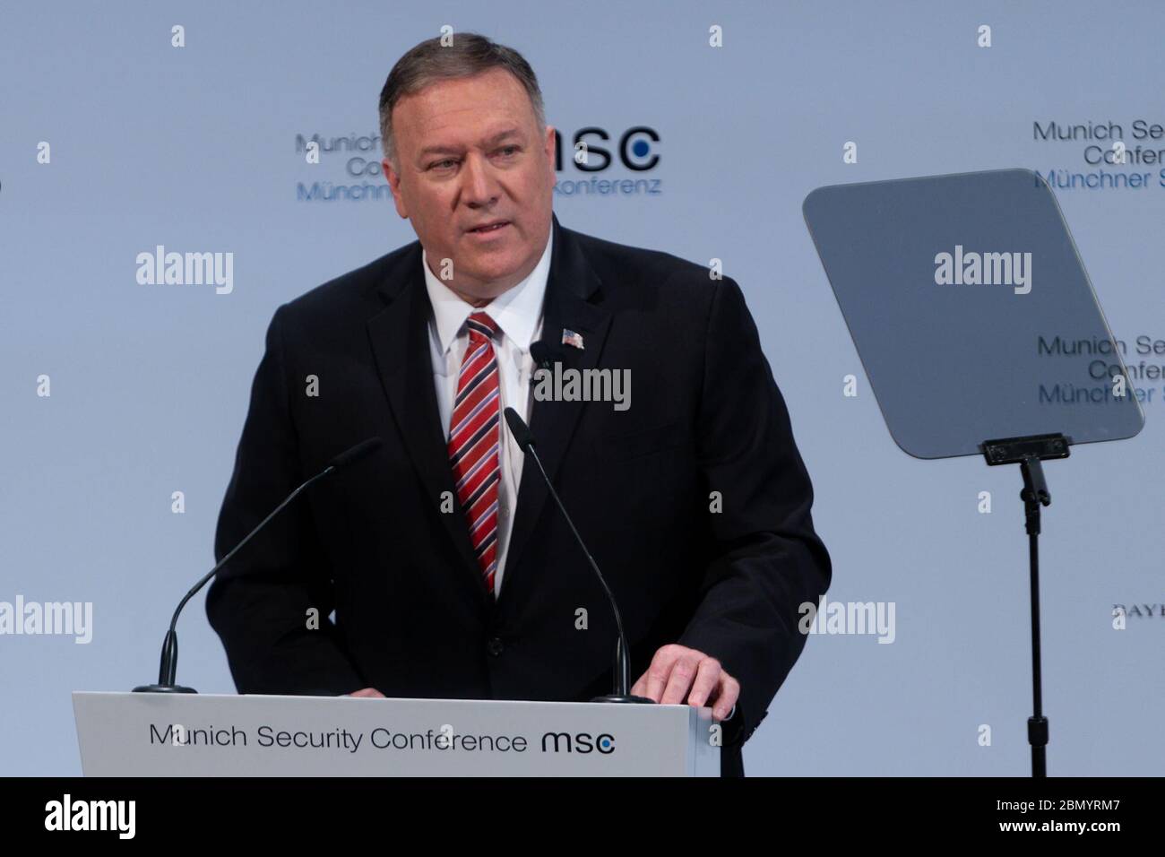 Am 15. Februar 2020 hielt US-Außenminister Mike Pompeo eine Keynote-Rede auf der Münchner Sicherheitskonferenz in Deutschland. In seinen Ausführungen ging es um globale Sicherheitsherausforderungen und außenpolitische Prioritäten der USA. Stockfoto
