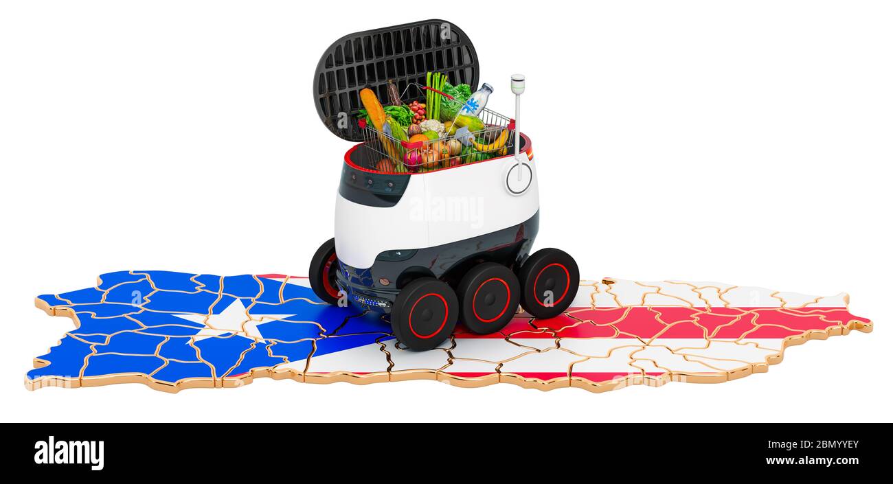 Autonomer Lieferroboter in Puerto Rico, 3D-Rendering isoliert auf weißem Hintergrund Stockfoto