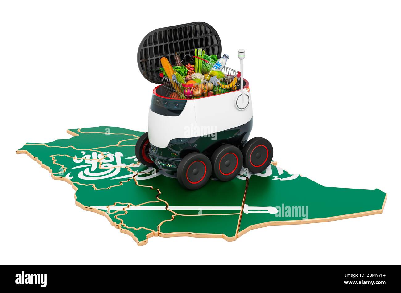 Autonomer Lieferroboter in Saudi Arabien, 3D-Rendering isoliert auf weißem Hintergrund Stockfoto