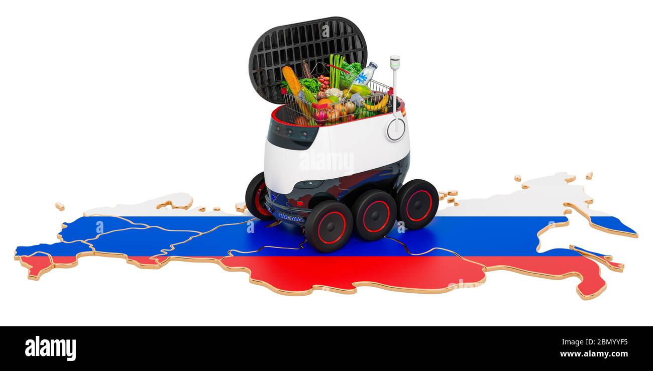 Autonome Lieferung Roboter in Russland, 3D-Rendering isoliert auf weißem Hintergrund Stockfoto