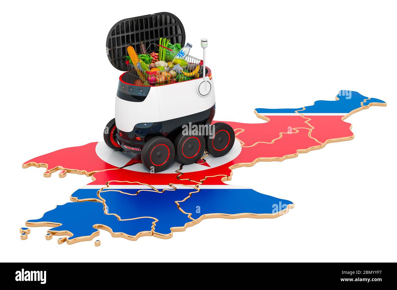 Autonomer Lieferroboter in Nordkorea, 3D-Rendering auf weißem Hintergrund isoliert Stockfoto