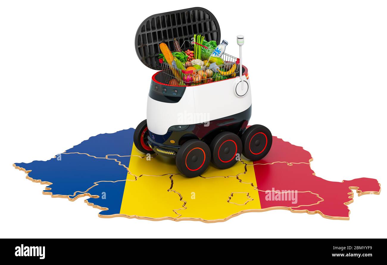 Autonomer Lieferroboter in Rumänien, 3D-Rendering isoliert auf weißem Hintergrund Stockfoto