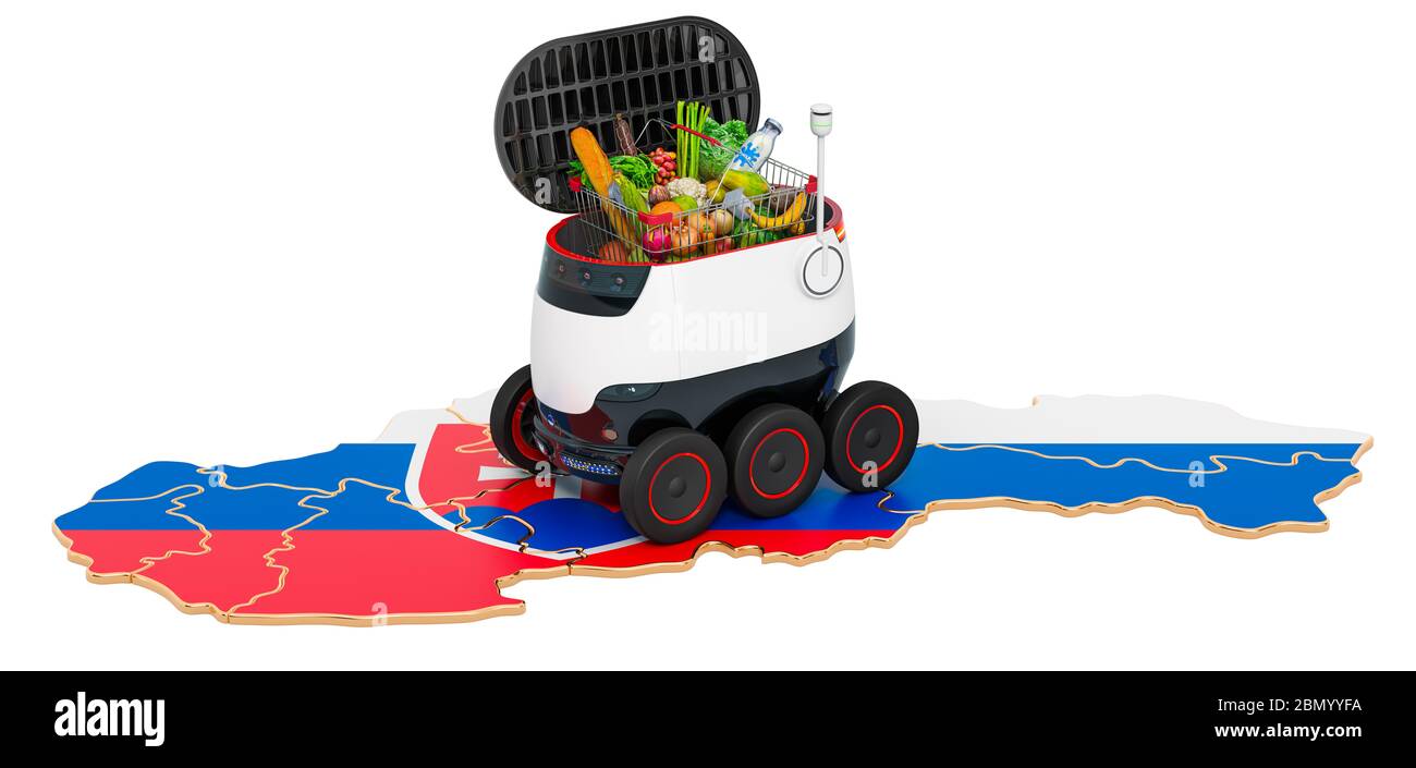 Autonomer Lieferroboter in der Slowakei, 3D-Rendering isoliert auf weißem Hintergrund Stockfoto