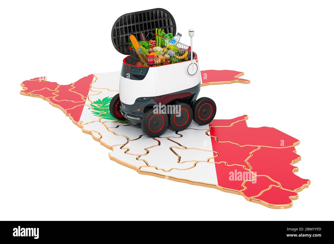 Autonomer Lieferroboter in Peru, 3D-Rendering isoliert auf weißem Hintergrund Stockfoto