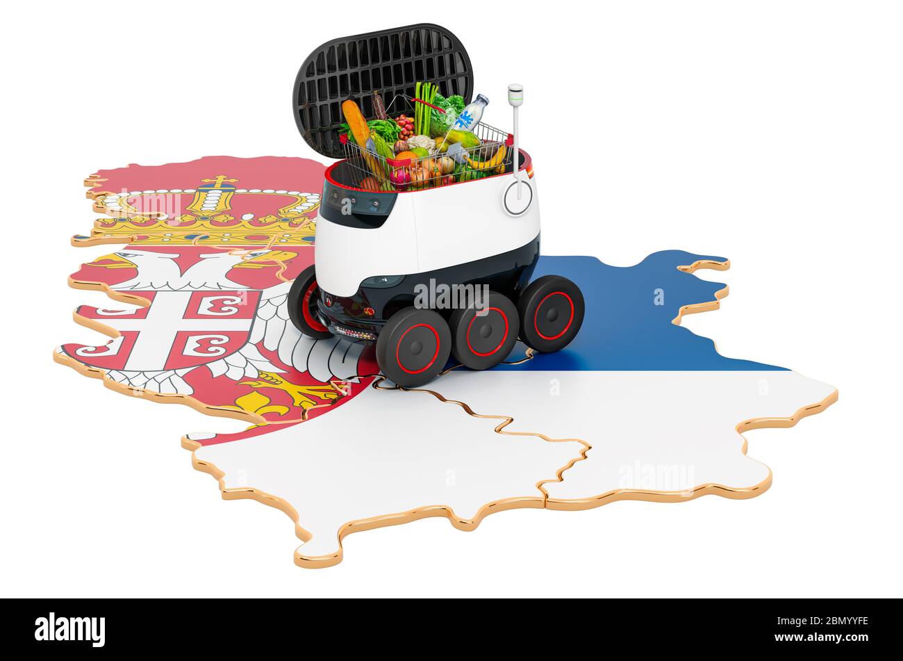 Autonomer Lieferroboter in Serbien, 3D-Rendering auf weißem Hintergrund isoliert Stockfoto