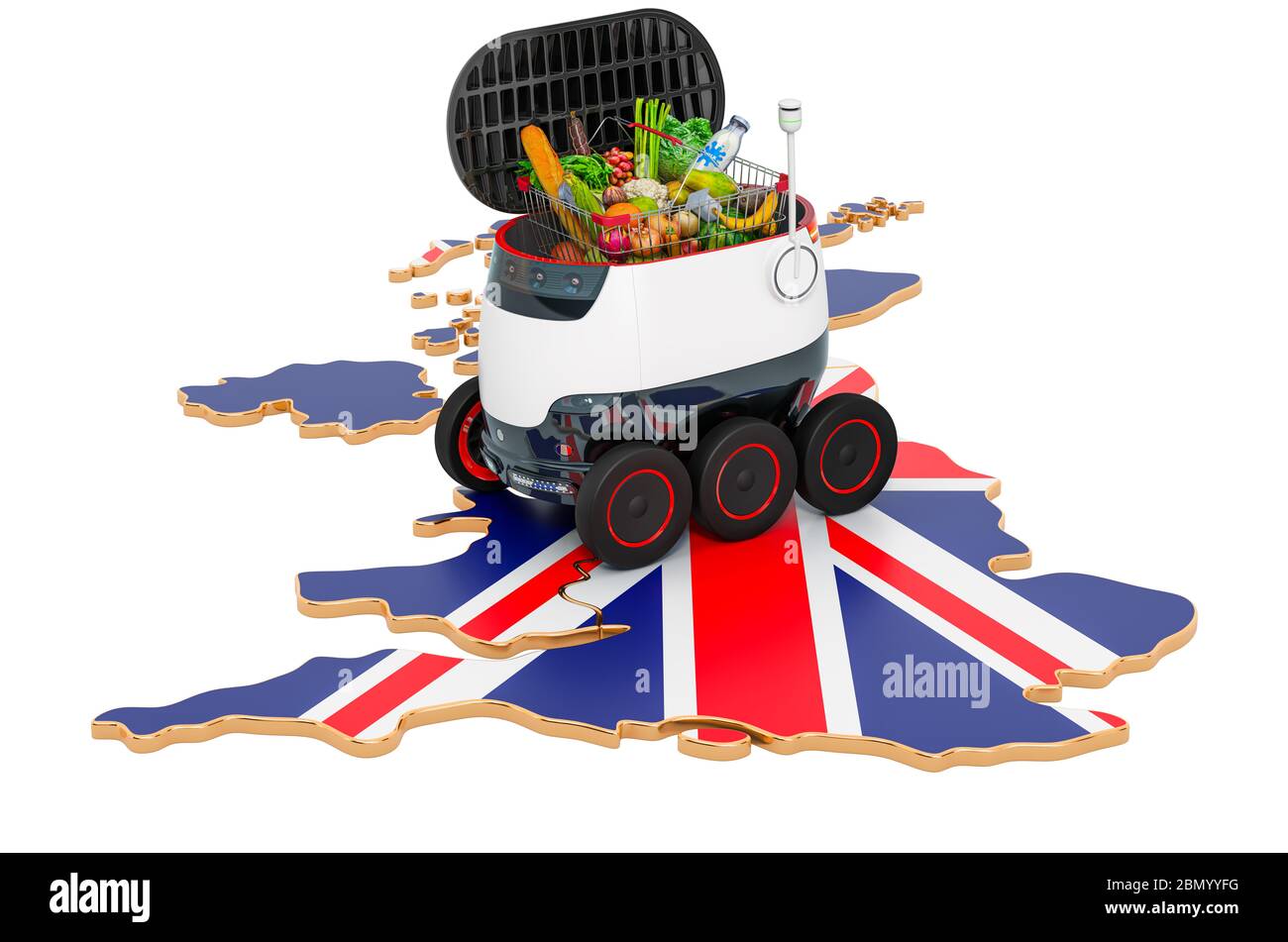 Autonomer Lieferroboter in Großbritannien, 3D-Rendering isoliert auf weißem Hintergrund Stockfoto