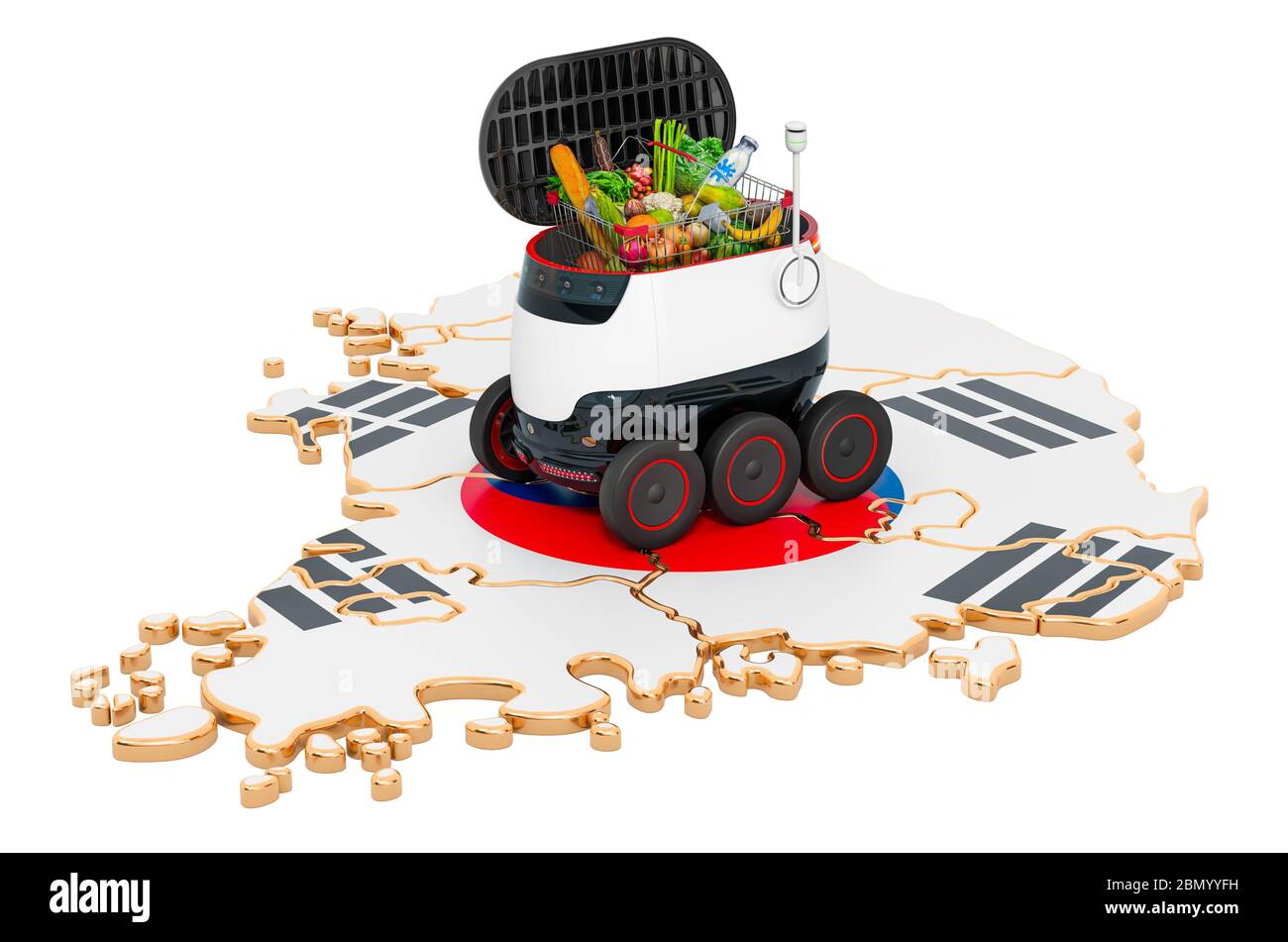 Autonomer Lieferroboter in Südkorea, 3D-Rendering isoliert auf weißem Hintergrund Stockfoto