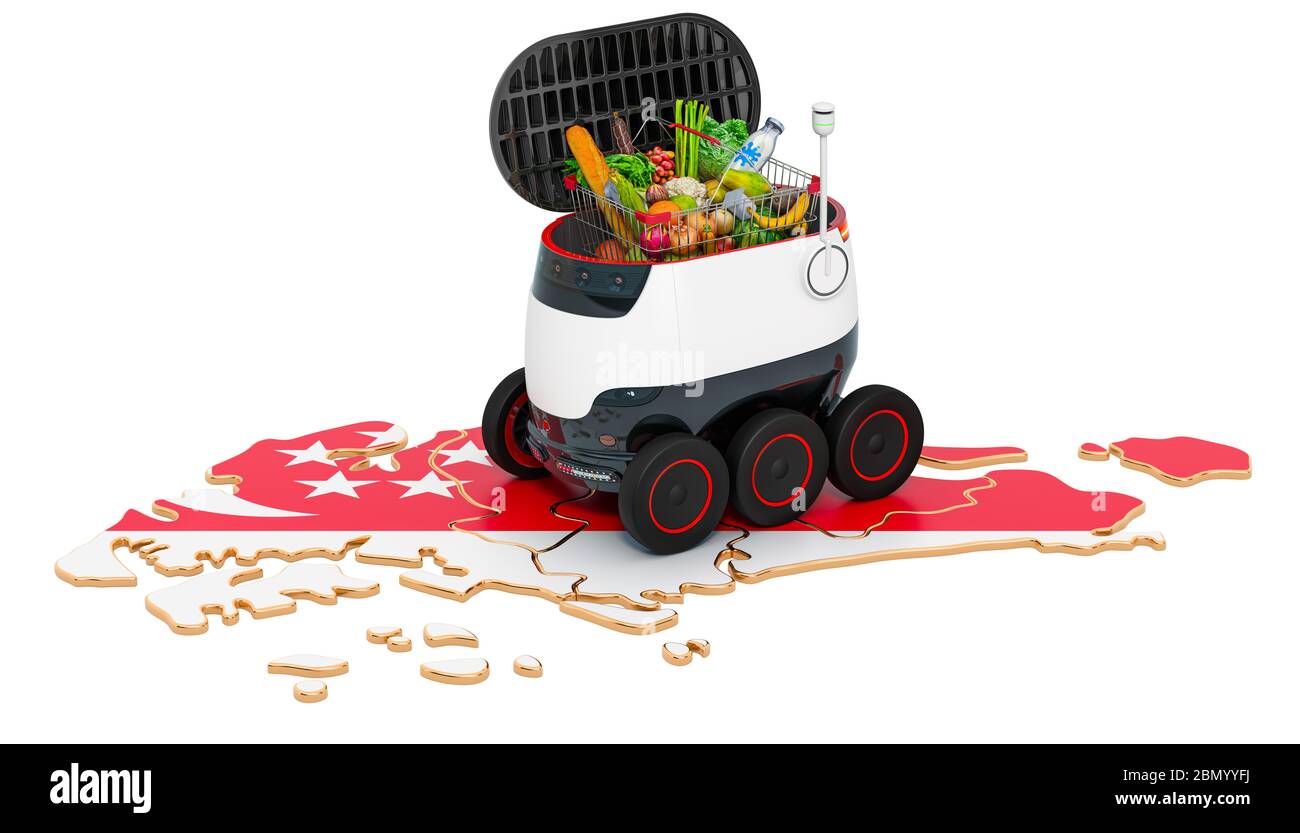 Autonomer Lieferroboter in Singapur, 3D-Rendering isoliert auf weißem Hintergrund Stockfoto
