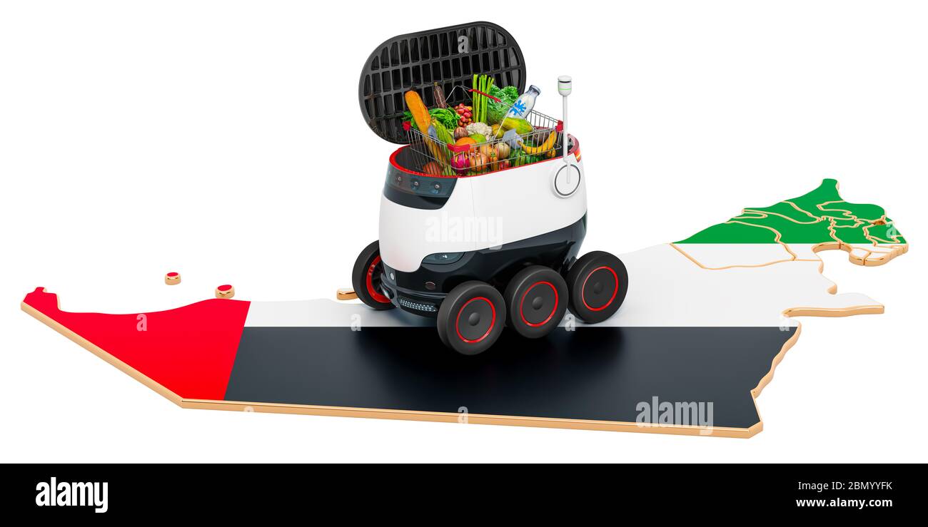 Autonomer Lieferroboter in den VAE, 3D-Rendering isoliert auf weißem Hintergrund Stockfoto
