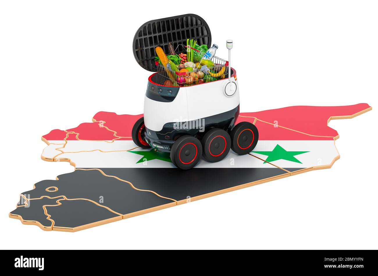 Autonomer Lieferroboter in Syrien, 3D-Rendering isoliert auf weißem Hintergrund Stockfoto