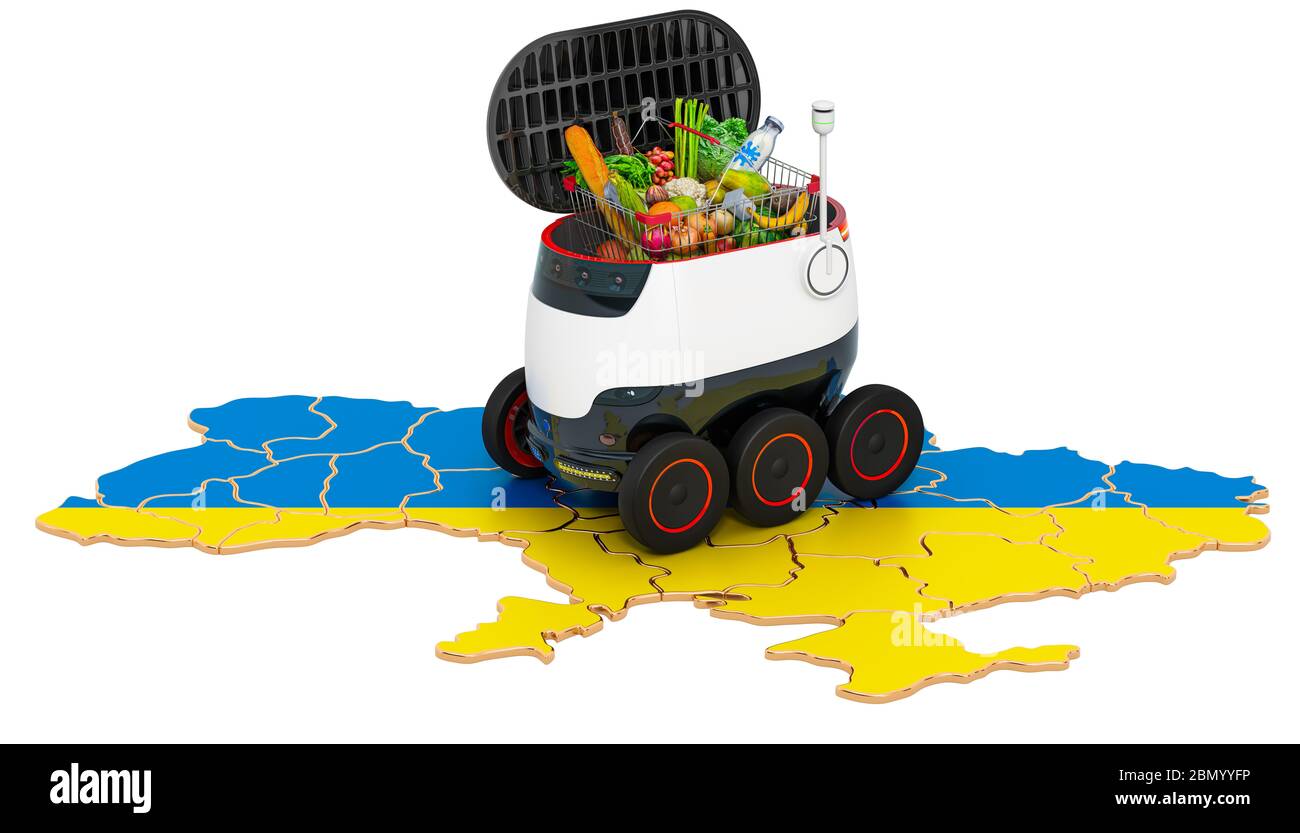 Autonome Lieferung Roboter in der Ukraine, 3D-Rendering isoliert auf weißem Hintergrund Stockfoto