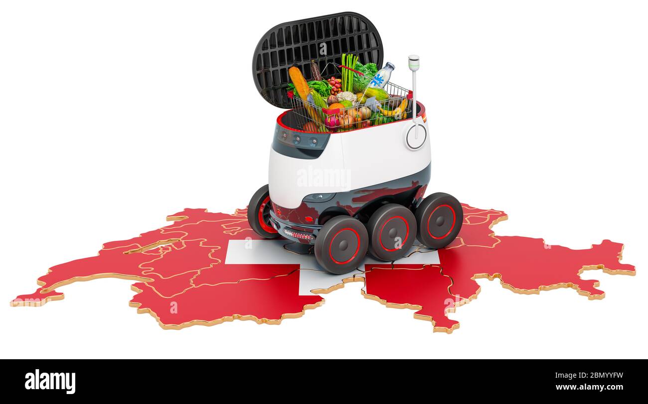 Autonomer Lieferroboter in der Schweiz, 3D-Rendering isoliert auf weißem Hintergrund Stockfoto
