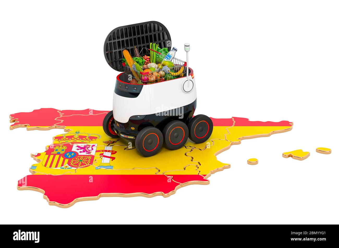 Autonomer Lieferroboter in Spanien, 3D-Rendering isoliert auf weißem Hintergrund Stockfoto