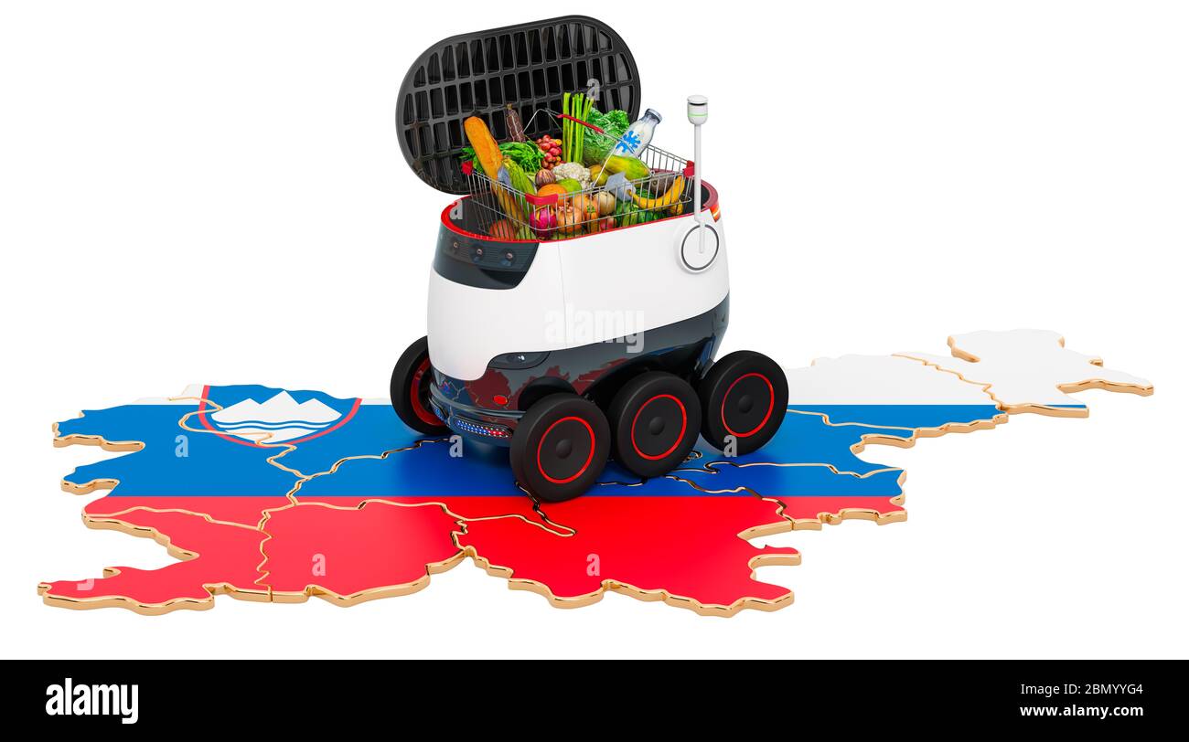 Autonomer Lieferroboter in Slowenien, 3D-Rendering isoliert auf weißem Hintergrund Stockfoto