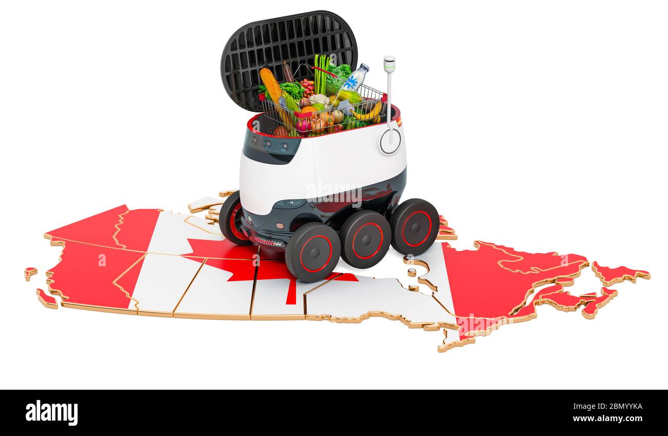 Autonomer Lieferroboter in Kanada, 3D-Rendering auf weißem Hintergrund isoliert Stockfoto
