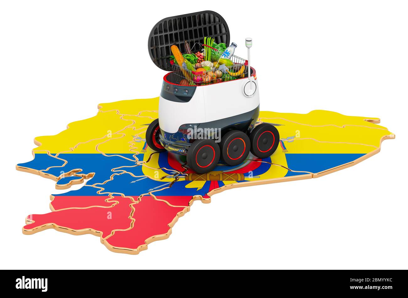 Autonomer Lieferroboter in Ecuador, 3D-Rendering isoliert auf weißem Hintergrund Stockfoto
