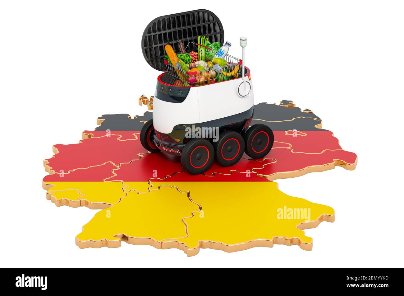 Autonomer Lieferroboter in Deutschland, 3D-Rendering isoliert auf weißem Hintergrund Stockfoto