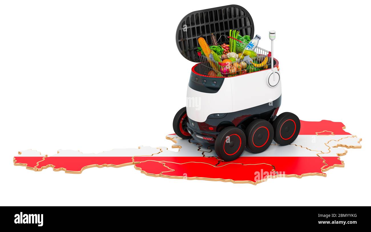 Autonomer Lieferroboter in Österreich, 3D-Rendering isoliert auf weißem Hintergrund Stockfoto