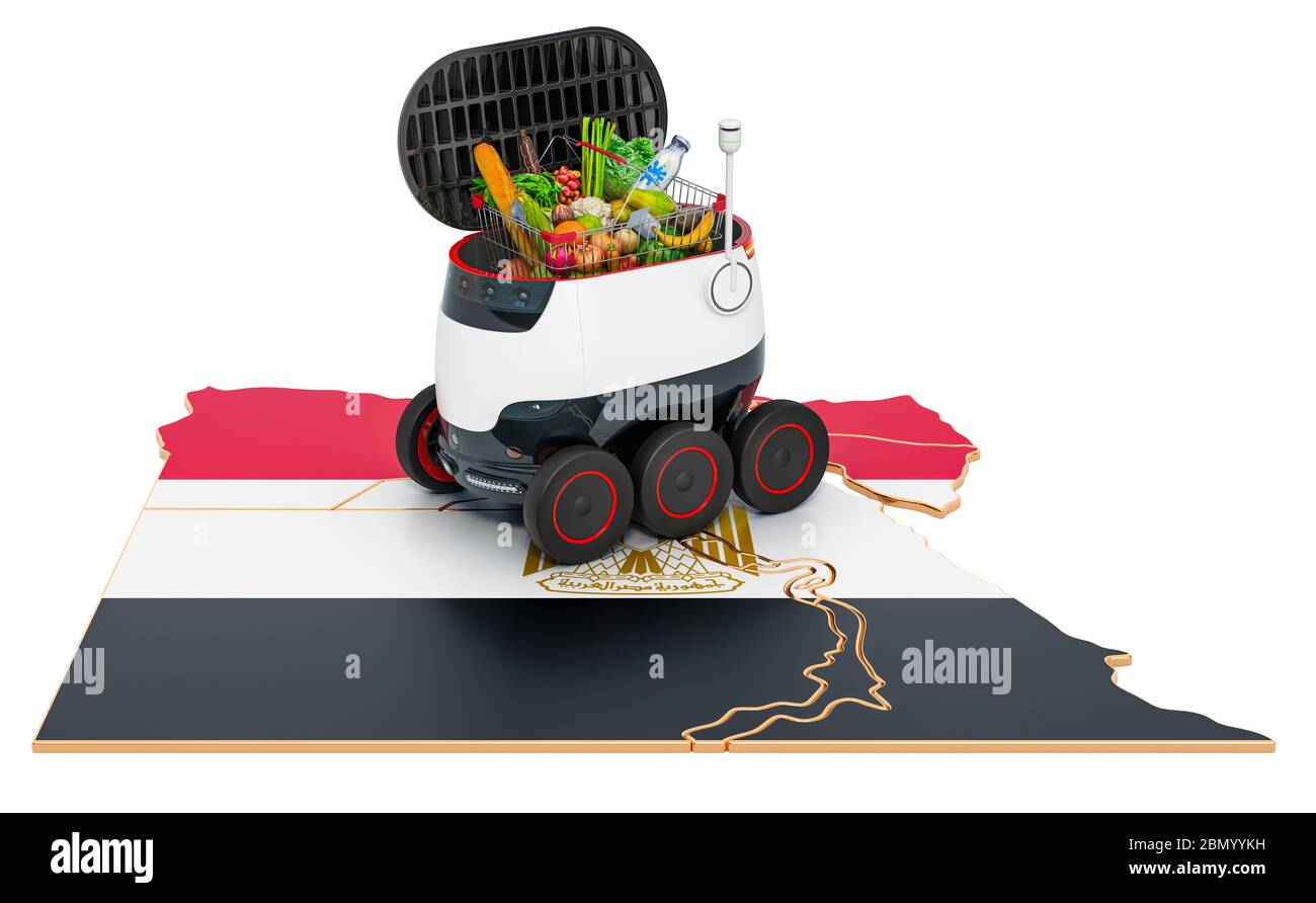 Autonomer Lieferroboter in Ägypten, 3D-Rendering isoliert auf weißem Hintergrund Stockfoto