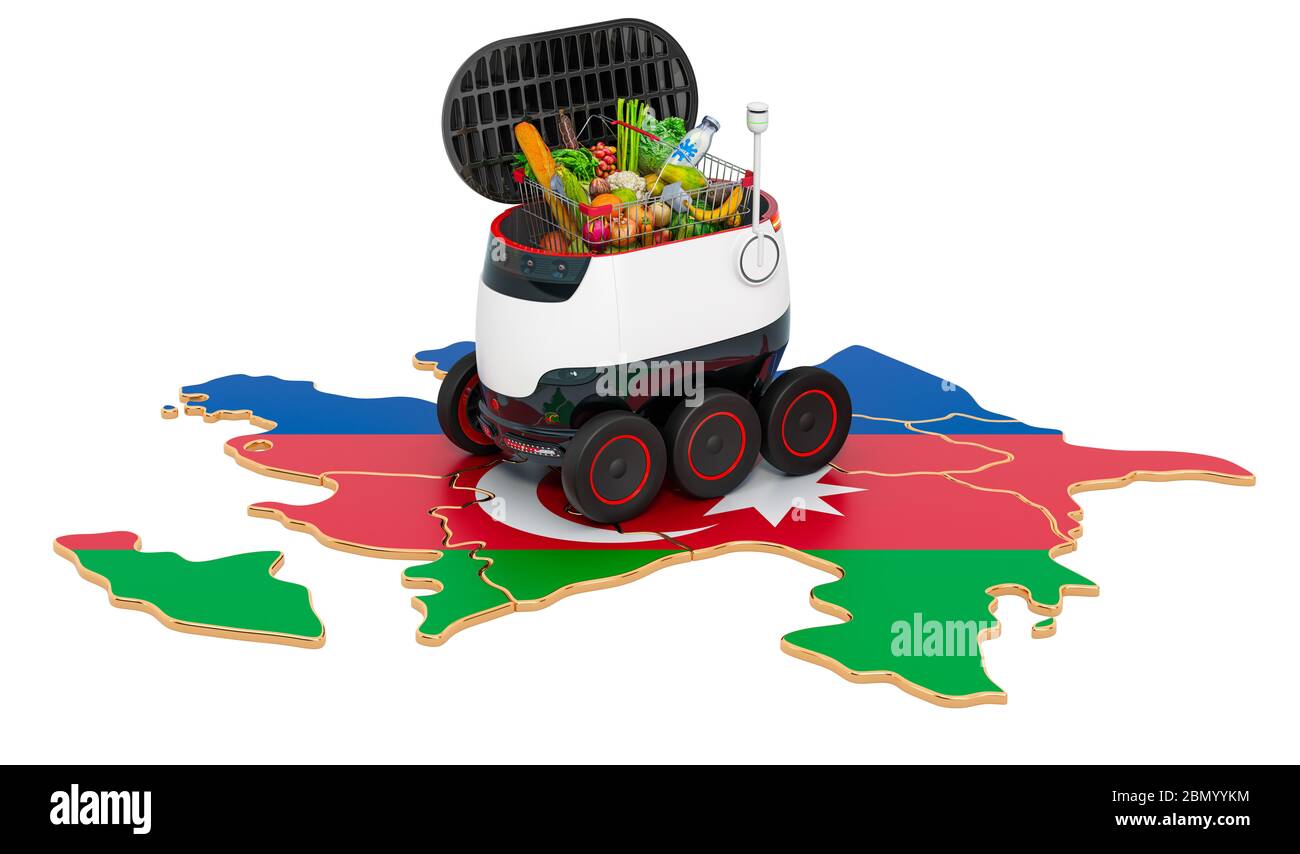 Autonomer Lieferroboter in Aserbaidschan, 3D-Rendering isoliert auf weißem Hintergrund Stockfoto