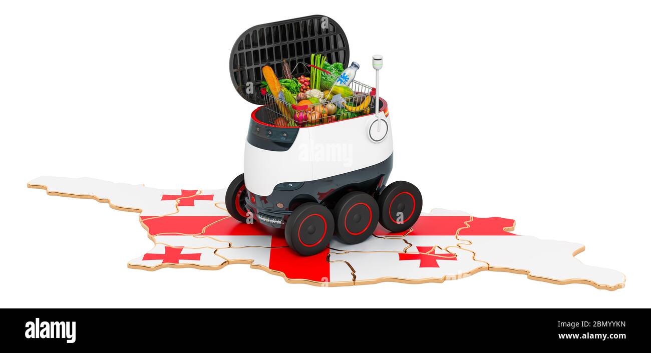 Autonomer Lieferroboter in Georgien, 3D-Rendering isoliert auf weißem Hintergrund Stockfoto