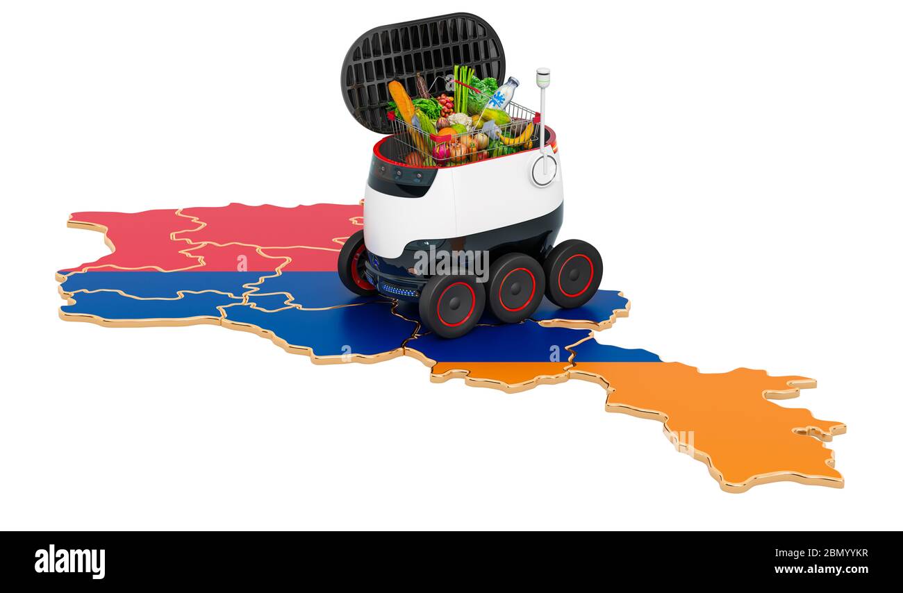 Autonomer Lieferroboter in Armenien, 3D-Rendering isoliert auf weißem Hintergrund Stockfoto