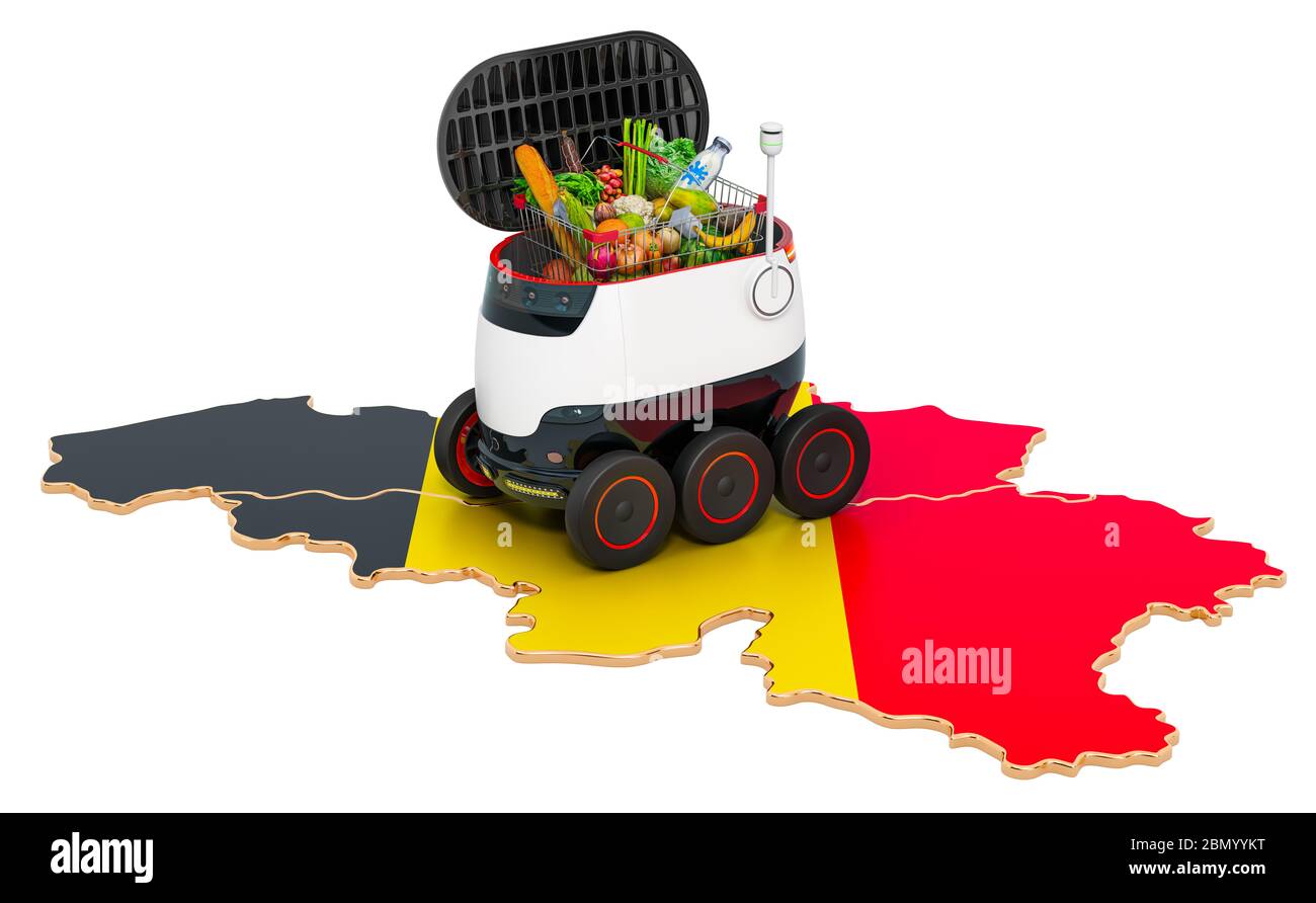 Autonomer Lieferroboter in Belgien, 3D-Rendering isoliert auf weißem Hintergrund Stockfoto