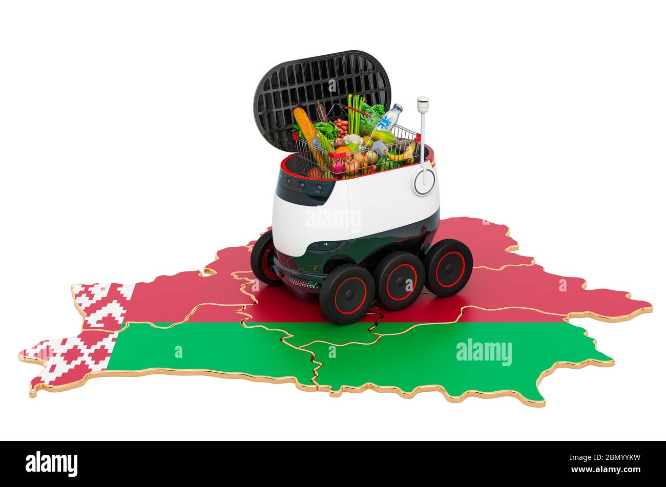 Autonomer Lieferroboter in Weißrussland, 3D-Rendering isoliert auf weißem Hintergrund Stockfoto