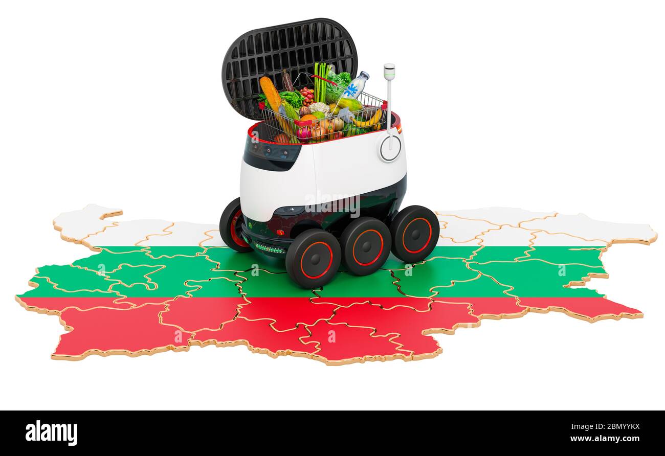 Autonomer Lieferroboter in Bulgarien, 3D-Rendering isoliert auf weißem Hintergrund Stockfoto