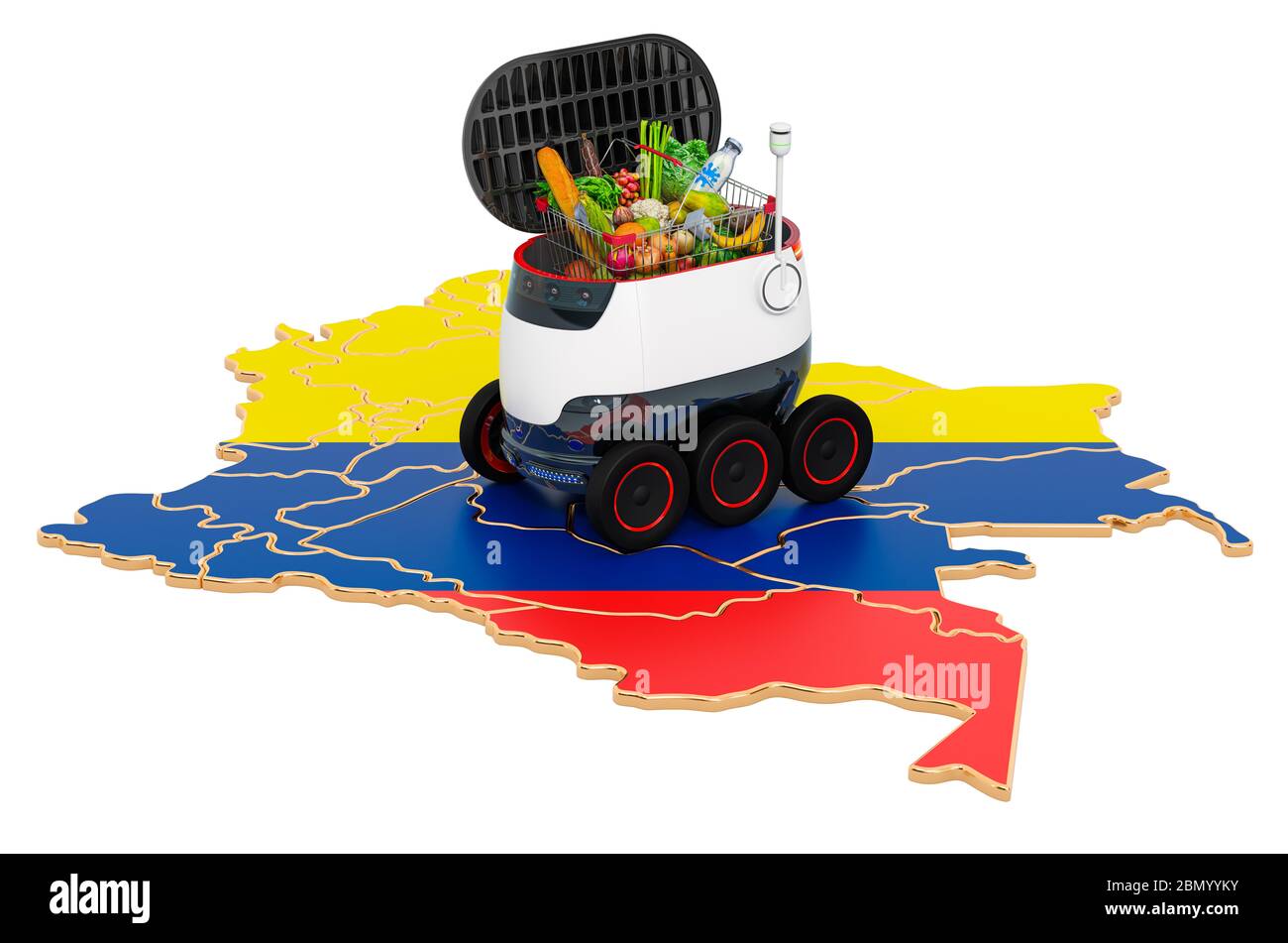 Autonomer Lieferroboter in Columbia, 3D-Rendering isoliert auf weißem Hintergrund Stockfoto