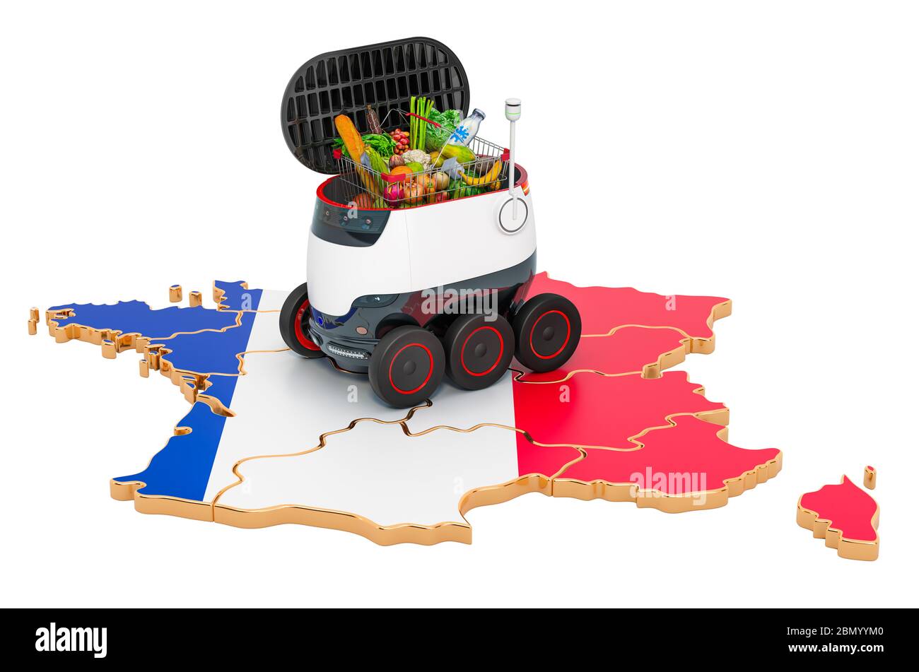 Autonomer Lieferroboter in Frankreich, 3D-Rendering auf weißem Hintergrund isoliert Stockfoto