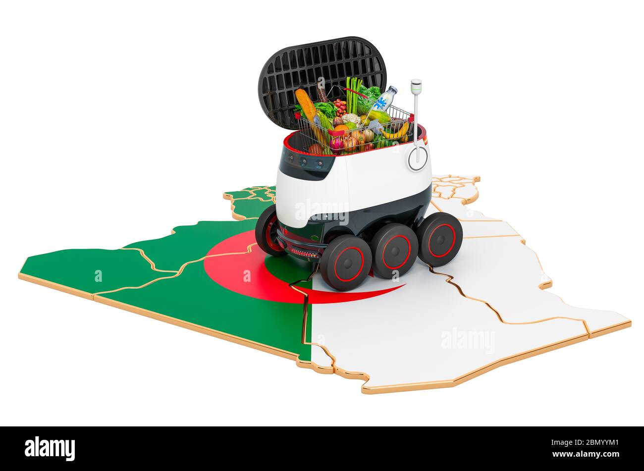 Autonomer Lieferroboter in Algerien, 3D-Rendering isoliert auf weißem Hintergrund Stockfoto