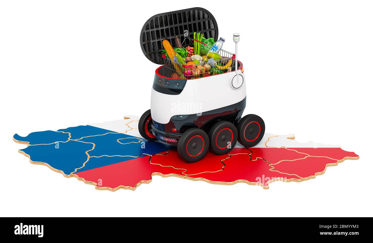 Autonomer Lieferroboter in Tschechien, 3D-Rendering auf weißem Hintergrund isoliert Stockfoto