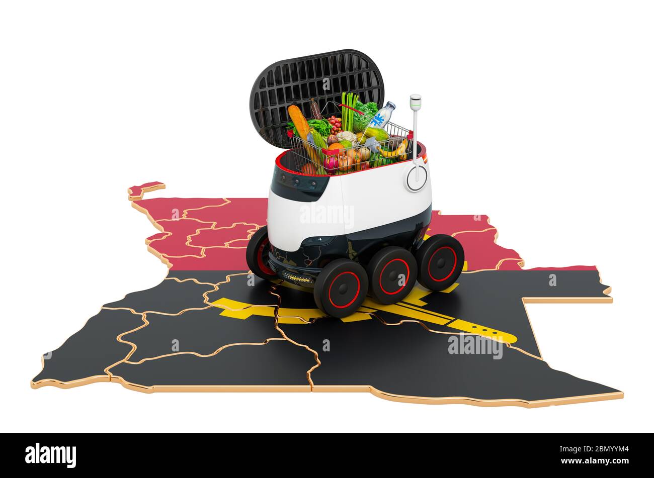 Autonomer Lieferroboter in Angola, 3D-Rendering auf weißem Hintergrund isoliert Stockfoto