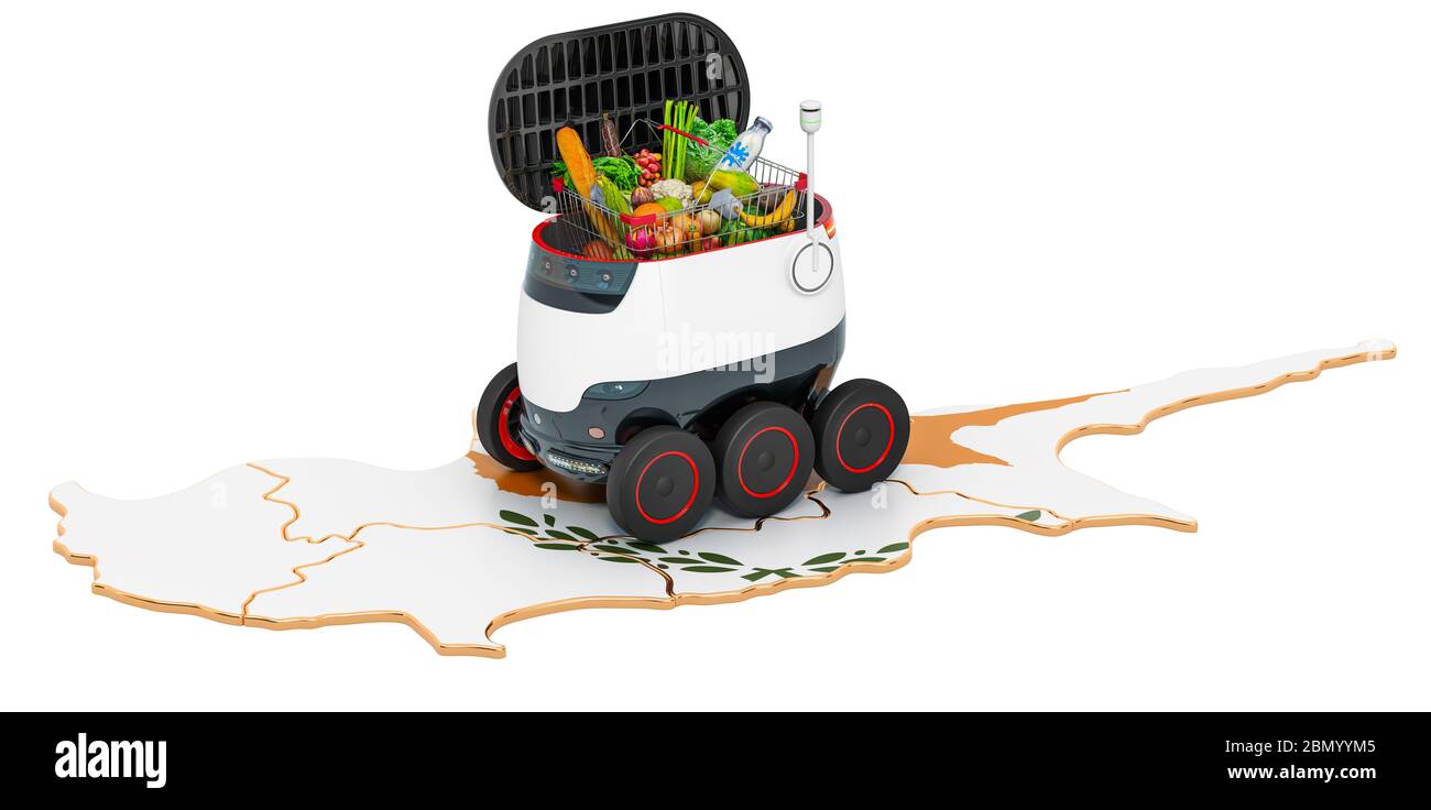 Autonomer Lieferroboter in Zypern, 3D-Rendering isoliert auf weißem Hintergrund Stockfoto