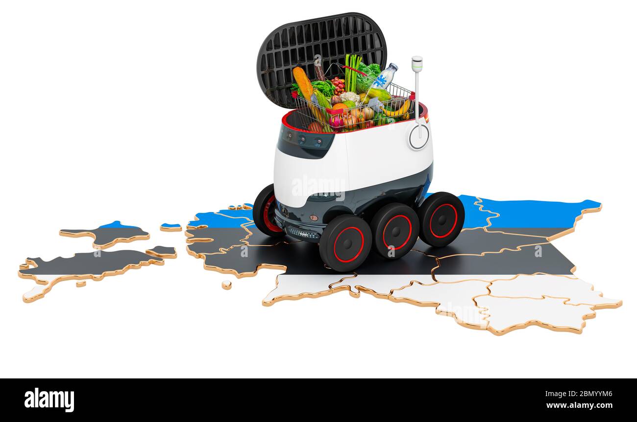 Autonomer Lieferroboter in Estland, 3D-Rendering isoliert auf weißem Hintergrund Stockfoto