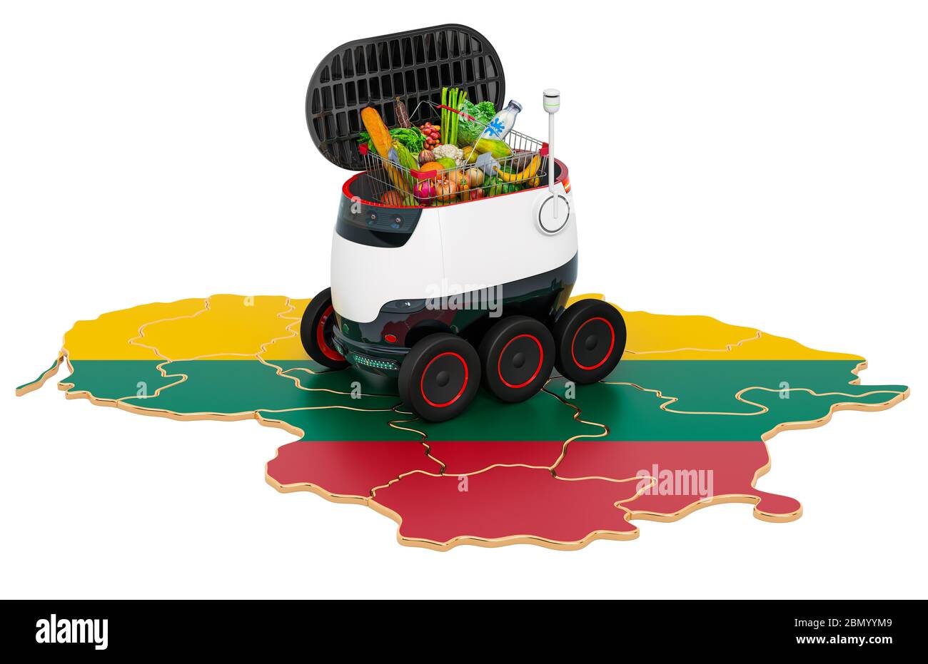Autonomer Lieferroboter in Litauen, 3D-Rendering isoliert auf weißem Hintergrund Stockfoto