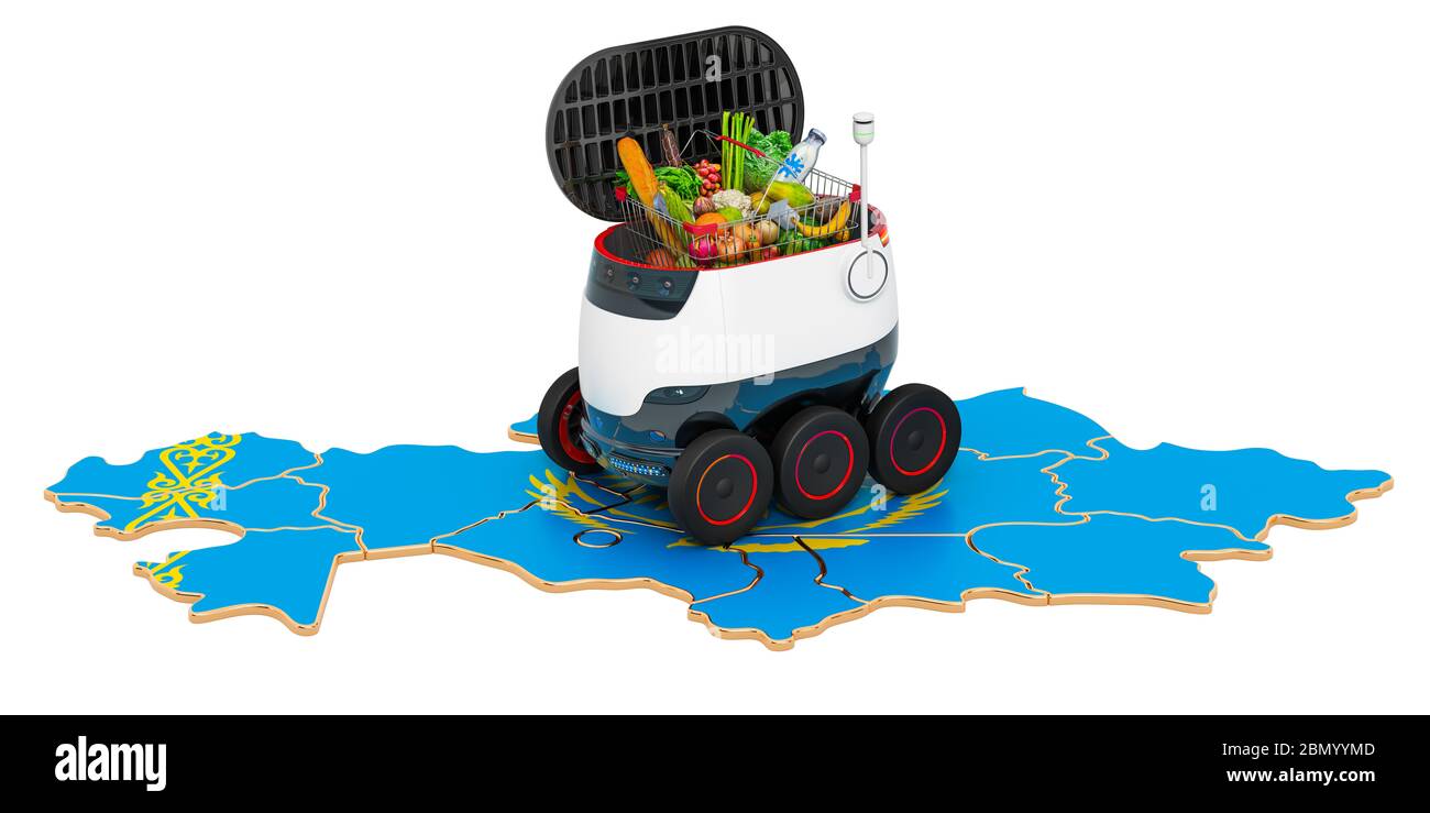 Autonomer Lieferroboter in Kasachstan, 3D-Rendering isoliert auf weißem Hintergrund Stockfoto
