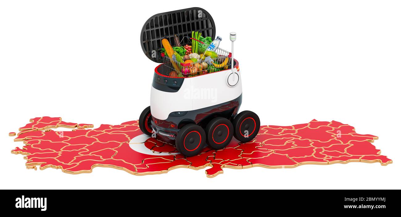 Autonomer Lieferroboter in der Türkei, 3D-Rendering isoliert auf weißem Hintergrund Stockfoto