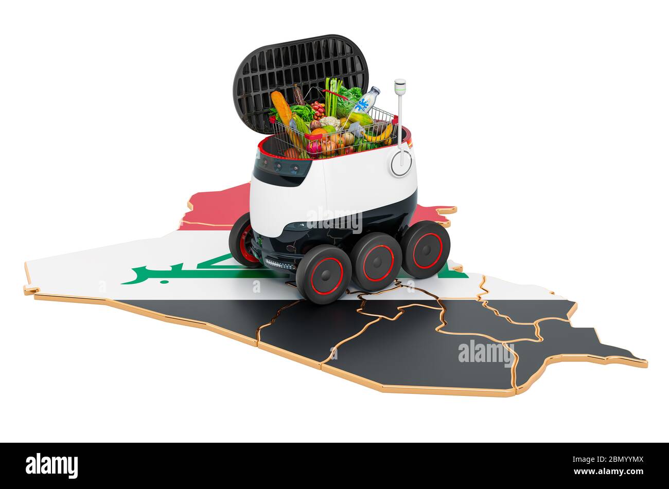 Autonomer Lieferroboter im Irak, 3D-Rendering isoliert auf weißem Hintergrund Stockfoto