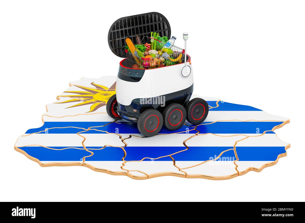 Autonomer Lieferroboter in Uruguay, 3D-Rendering isoliert auf weißem Hintergrund Stockfoto
