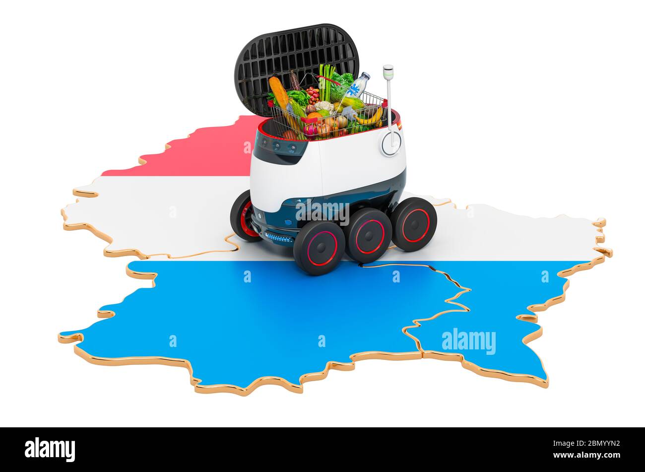 Autonomer Lieferroboter in Luxemburg, 3D-Rendering isoliert auf weißem Hintergrund Stockfoto