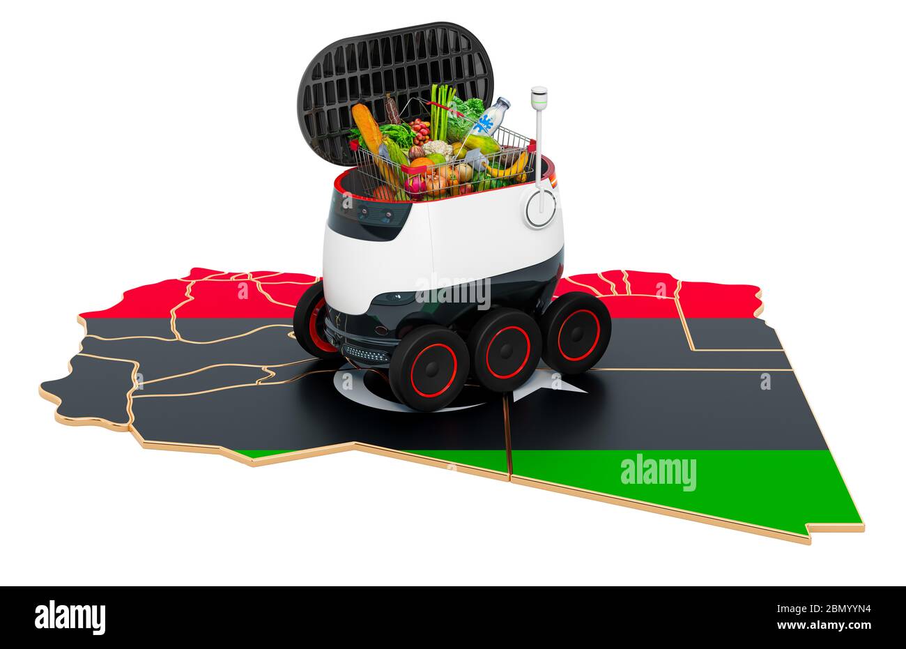 Autonomer Lieferroboter in Libyen, 3D-Rendering isoliert auf weißem Hintergrund Stockfoto