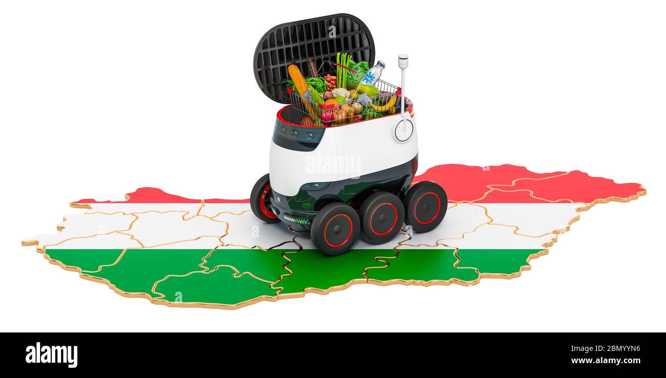 Autonomer Lieferroboter in Ungarn, 3D-Rendering isoliert auf weißem Hintergrund Stockfoto