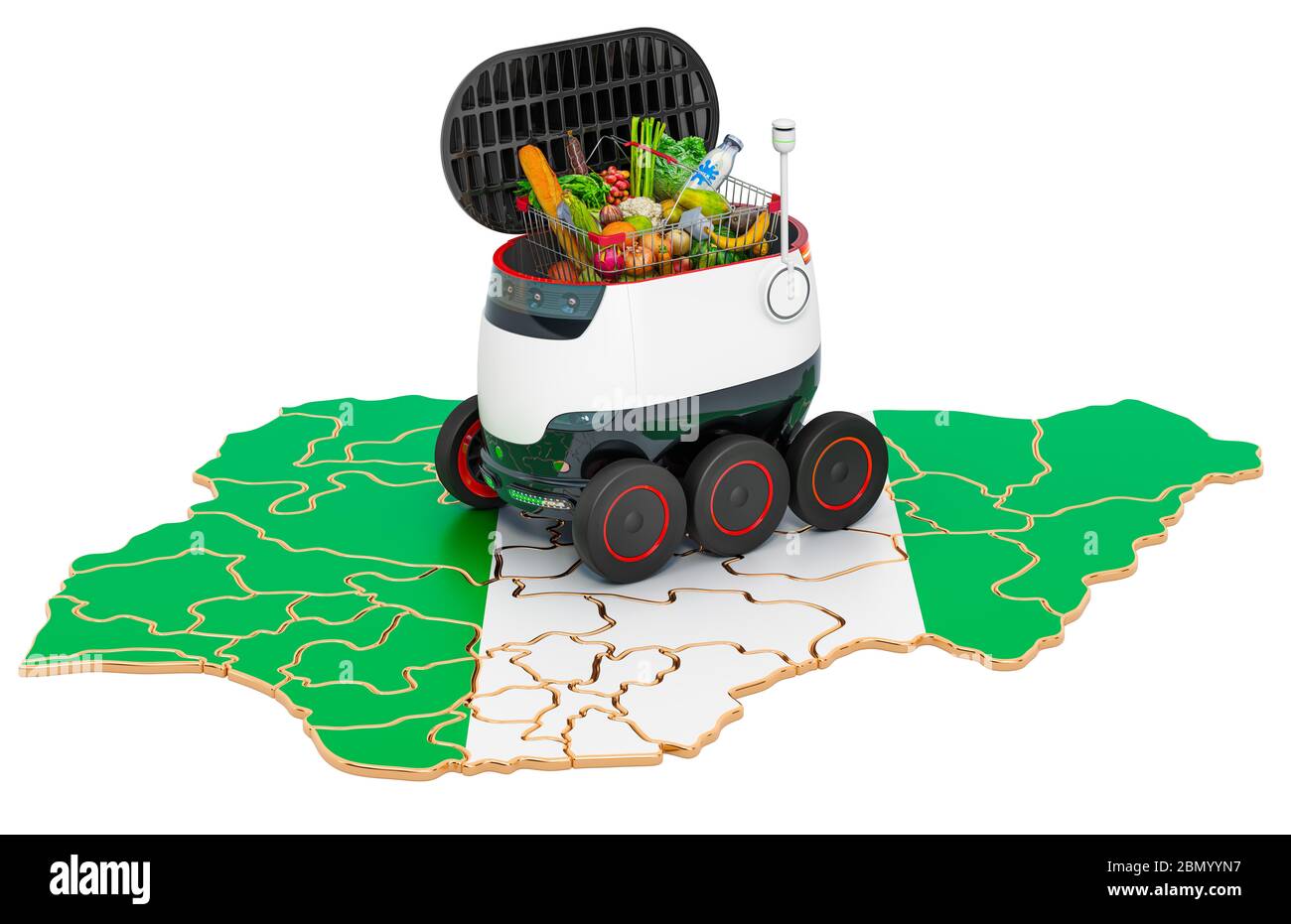 Autonomer Lieferroboter in Nigeria, 3D-Rendering isoliert auf weißem Hintergrund Stockfoto