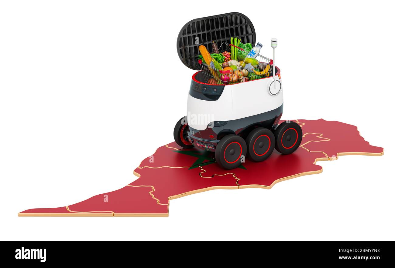 Autonomer Lieferroboter in Marokko, 3D-Rendering isoliert auf weißem Hintergrund Stockfoto